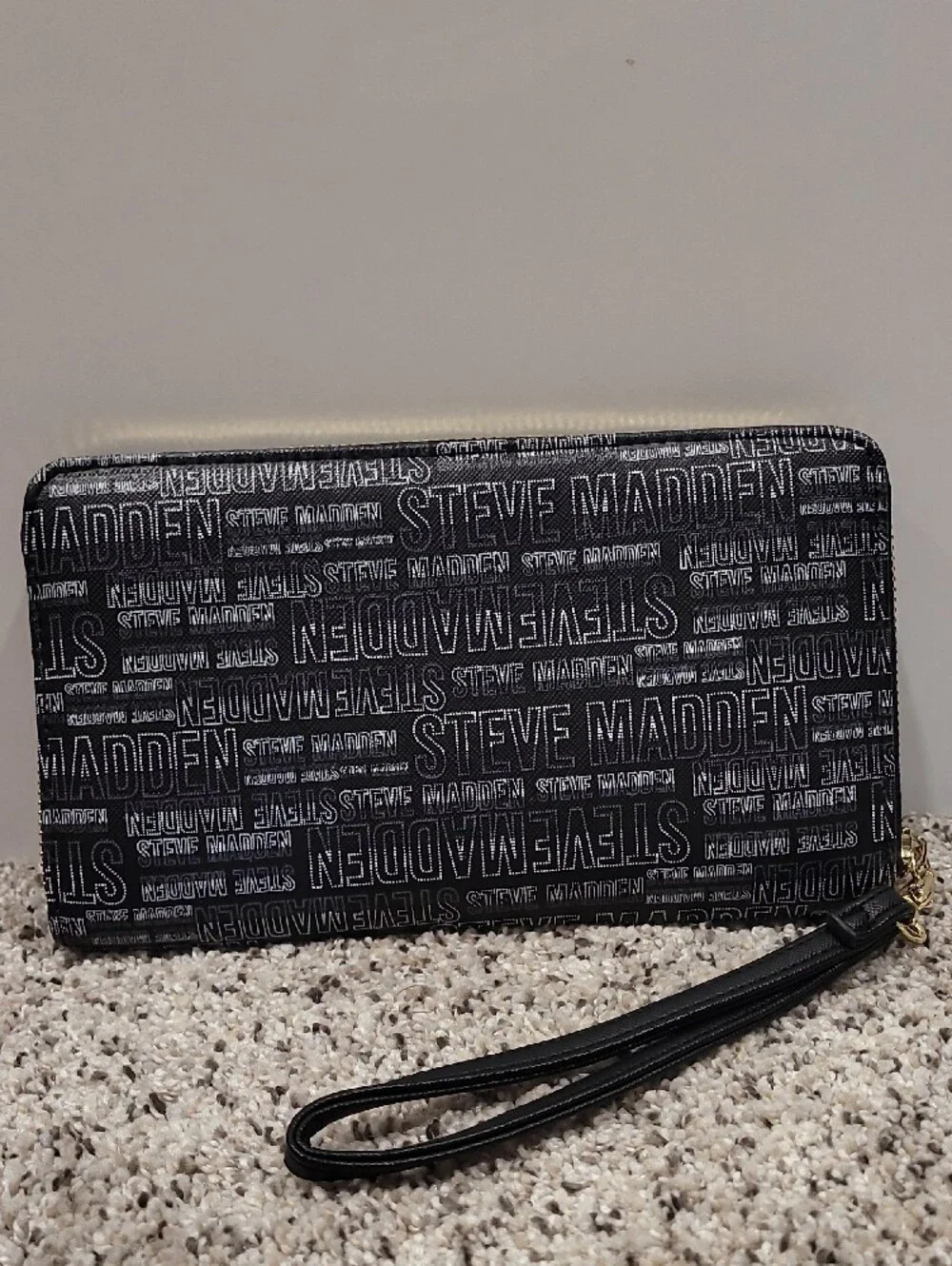 Steve Madden Black Floral Zip Wristlet with Gold Accent